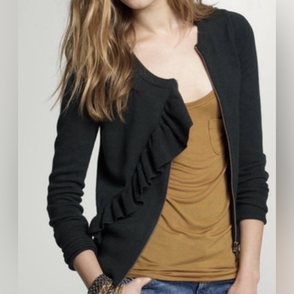J Crew Merino Wool Asymmetrical Ruffle Full Zip Cardigan Sweater Sz Medium Gray